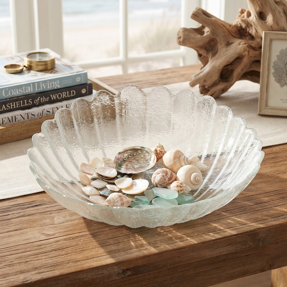 Vintage Textured Clear Glass Scalloped Large Shell Bowl Coastal Decor 12in